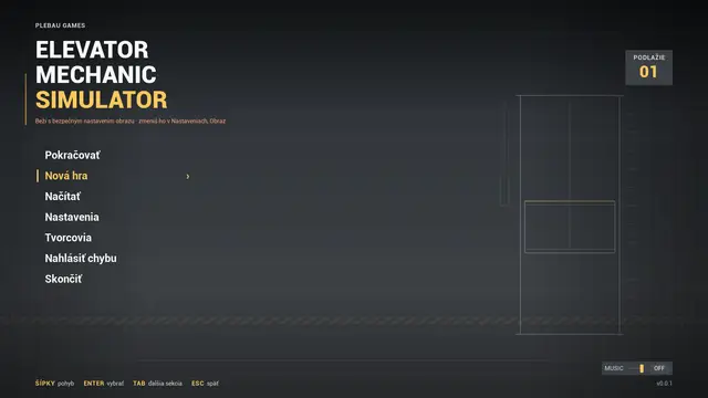 Tmavosivá obrazovka menu s nápisom ELEVATOR MECHANIC SIMULATOR a položkami Pokračovať, Nová hra (zvýraznená), Načítať, Nastavenia, Tvorcovia, Nahlásiť chybu a Skončiť. Vpravo čiarová kresba šachty s údajom PODLAŽIE 01, vpravo dole posuvník MUSIC a v0.0.1. — PRE-ALFA 0.0.1 · REÁLNY ZÁBER Z HRY