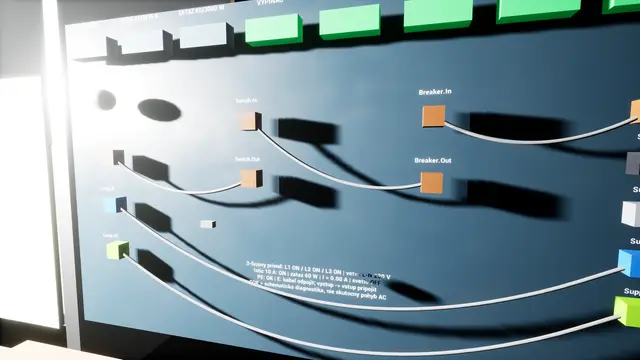 Šikmý detail tmavomodrého elektropanelu: oranžové svorky Switch.In, Switch.Out, Breaker.In, Breaker.Out, modrá a zelená svorka Lamp.N a Lamp.PE, sivé káble medzi nimi, hore zelené spínače a dole stavový text s hodnotami. Ľavý okraj je presvetlený ostrým svetlom. — PRE-ALFA 0.0.1 · REÁLNY ZÁBER Z HRY