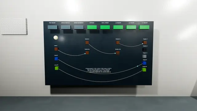 Tmavomodrý nástenný panel. Hore rad ôsmich spínačov s popismi TOK ON/OFF, ISTIC 6/10/16 A, ZATAZ 60/3000 W, VYPINAC, ISTIC/RESET, L3, L2, L1. Pod nimi farebné svorky (Supply, Breaker, Switch, Lamp) prepojené sivými káblami, okrúhla žiarovka a krátky stavový text. — PRE-ALFA 0.0.1 · REÁLNY ZÁBER Z HRY